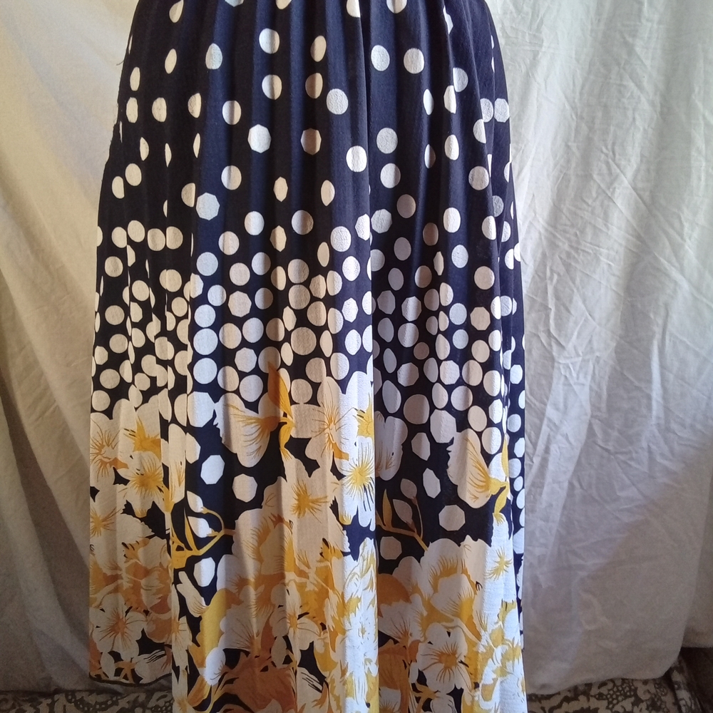 Metro Wear Navy Midi Skirt with White Polka Dots and Yellow Floral Border - Picture 3 of 6